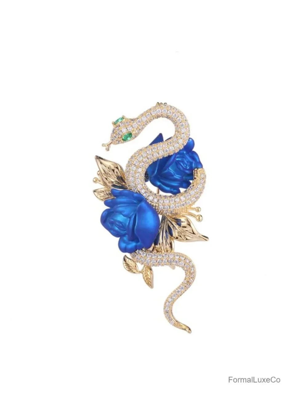 14K Gold Serpentine Brooch with Moissanite & Emerald Gemstones, Elegant Rose